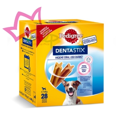 Pedigree Dentastix es una deliciosa golosina para perros pequeños en forma de barra estriada, diseñada especialmente para cuidar de la higiene bucal de tu mascota