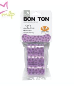 Bolsas minis biodegradables marca United Pets Bolsas de repuesto para el Bon Ton Nano, tamaño pequeño de la marca United Pets. O cualquier portabolsas de tamaño mini similar. Bolsas biodegradables a base almidón de maíz. Contiene 3 rollos de 10 bolsas cada uno. Las bolsas son resistentes y biodegradables. Varios colores y estampados diferentes.